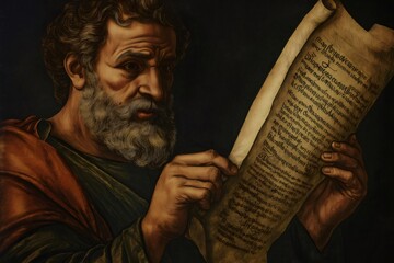 Painting of an apostle holding an ancient scroll, reading sacred texts in a dramatic, dimly lit setting