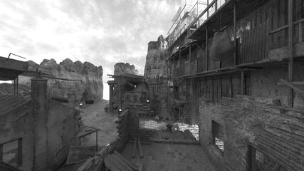 荒廃した街の風景　3DCGレンダリング