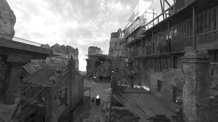 荒廃した街の風景　3DCGレンダリング