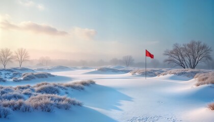 Fototapeta premium Scenic winter golf course covered in snow. Red flag waves gently in the frosty air. Bare trees stand in the background. Frosty landscape. Winter sport scene. Cold serene nature.