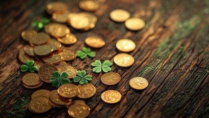 Golden Coins and Clover Leaves on Rustic Wooden Surface