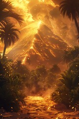 A stunning volcanic eruption illuminating a jungle landscape at sunset.