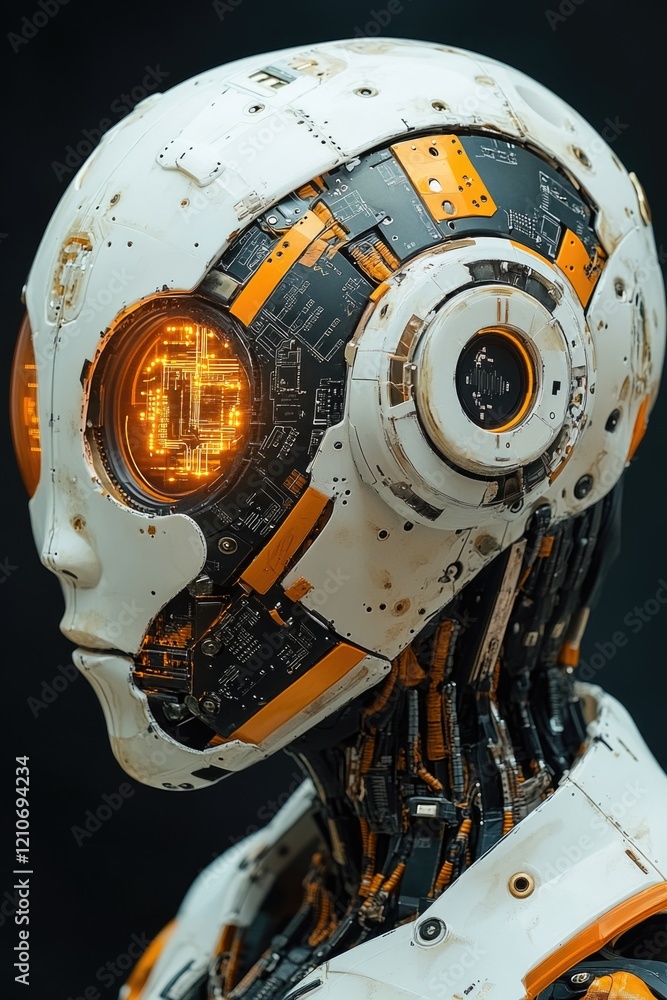 Aufkleber a close-up shot of a robot's head with an orange light, suitable for use in technology and innovatio
