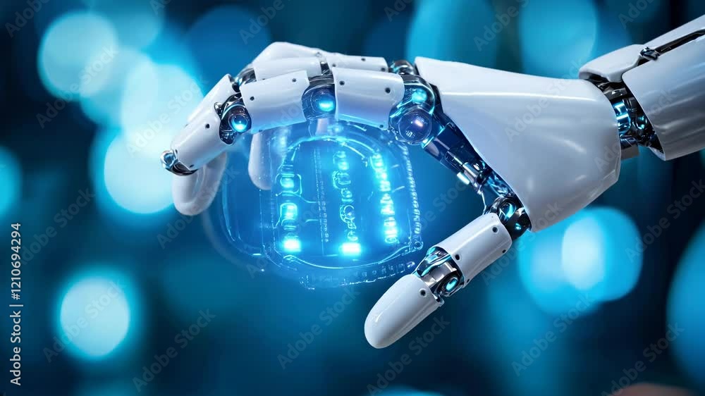 Poster a close-up of a robotic hand interacting with a digital environment.