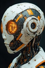 Fototapeta premium A close-up shot of a robot's head with an orange light, suitable for use in technology and innovation-related concepts