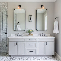 A bathroom with a double vanity, large mirrors, and plenty of storage for a functional and stylish design