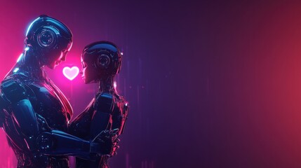Fototapeta premium Futuristic robots embracing love in neon lights on a dystopian background