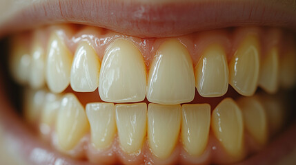 Close-up of slightly yellow teeth showing dental health issues