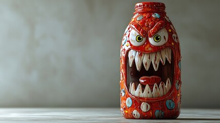 A vividly designed monster-shaped bottle with exaggerated features sits on a textured surface, creating a playful atmosphere