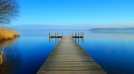Obraz premium Idyllic Lakeside Sunrise with Dramatic Sky and Tranquil Waters from Wooden Pier : Generative AI