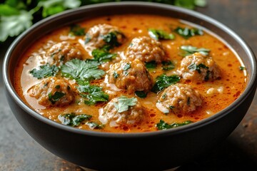 A warm and comforting bowl of meatball soup with green vegetables, perfect for a cozy meal