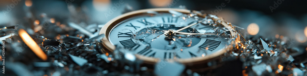 Poster shattered analog clock with roman numerals embedded in glass fragments