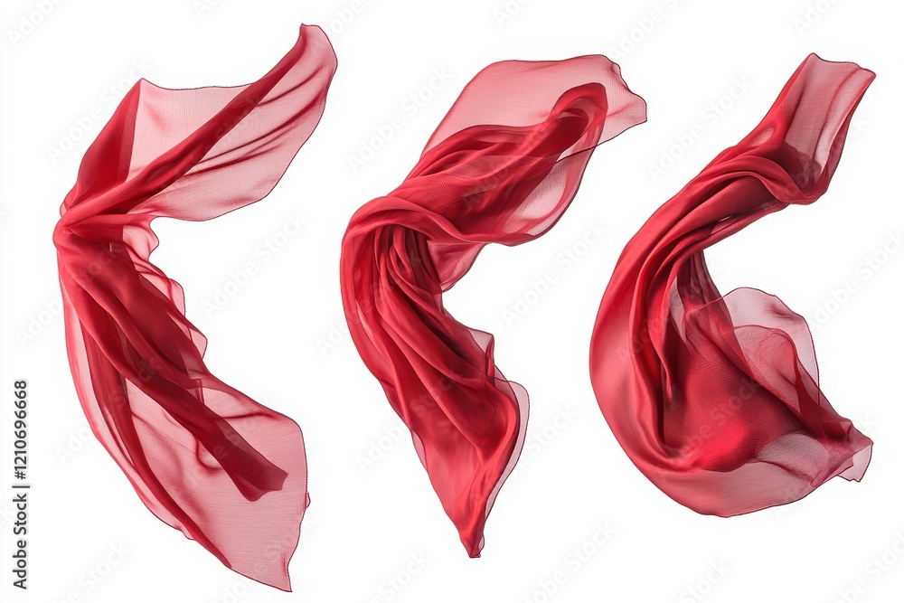 Poster set of floating elegant red fabrics isolated on white background