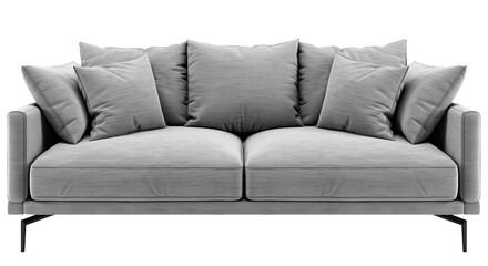 Modern large gray soft sofa with pillows front view isolated