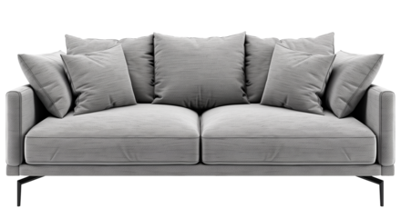 Modern large gray soft sofa with pillows front view isolated