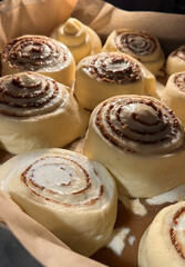 Delicious cinnamon rolls before baking on parchment paper in the oven