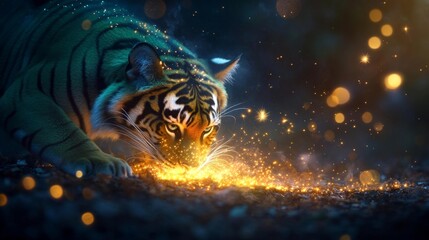 Green Tiger Silhouette with Sparkling Edges Under a Starry Night Sky. Generative AI