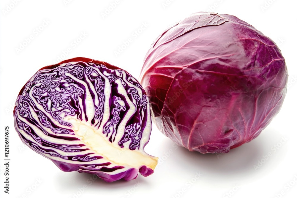 Poster a close-up shot of a red cabbage, with a half cabbage visible in the background