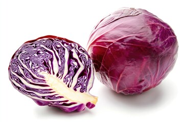A close-up shot of a red cabbage, with a half cabbage visible in the background