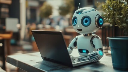 A small robot talks and works on a laptop. Small cut robot speak	