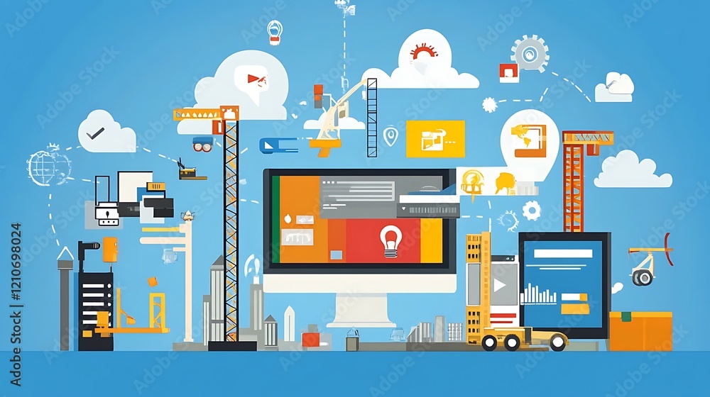 Aufkleber the image depicts the innovative construction and development of modern technology using digital too