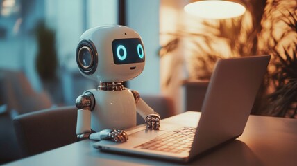 A small robot talks and works on a laptop. Small cut robot speak	