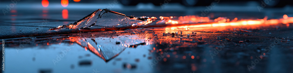 Poster shattered translucent object on wet surface with orange illumination