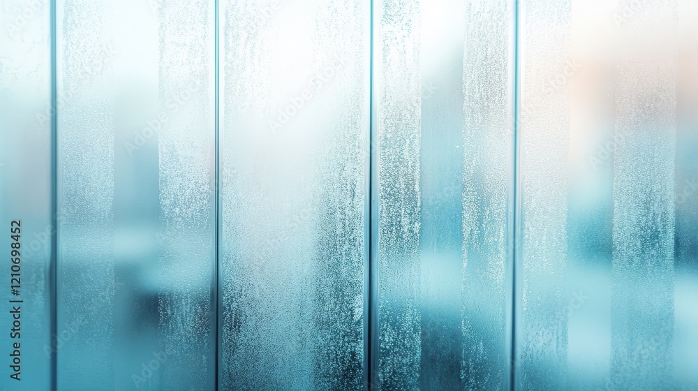 Poster frosted glass with a vertical stripe texture partially obscuring a blurred soft-focus background
