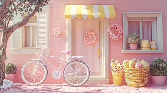 Pink candy shop storefront, bicycle, sunny day