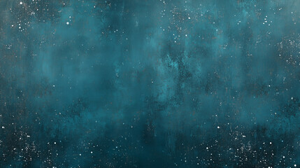 Obraz premium A banner of A deep teal background with a distressed black overlay, tiny white particles scattered like starlight or snowflakes, creating an enchanting, peaceful atmosphere.