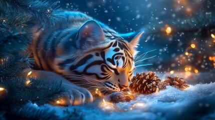 Majestic Winter Celebration A Tiger's Tranquil Moment in the Snow. Generative AI