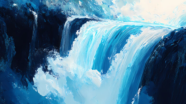 Artwork captures enchanting and vibrant color qualities of a blue waterfall, highlighting its mesmerizing turquoise or azure colors and contrasting scenery. Sapphire River. Illustration