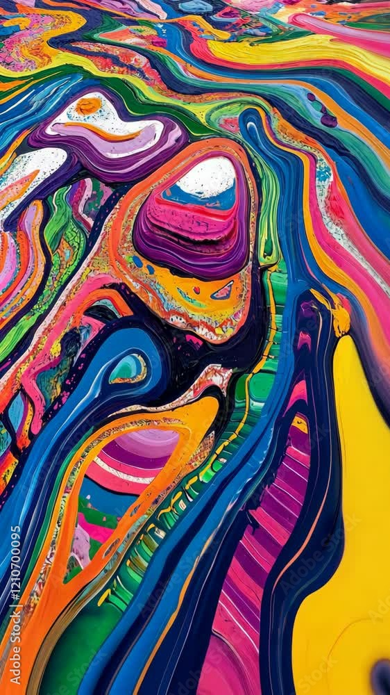 Poster vibrant abstract artwork featuring bold colors and intricate patterns in a fluid design displayed on