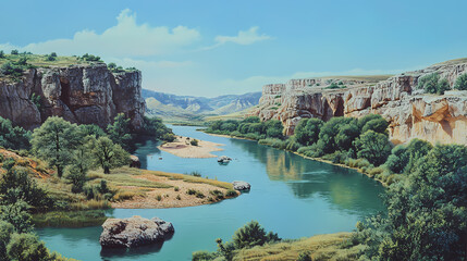 Confused emotion and complex, a serene landscape featuring a winding river surrounded by lush greenery and rocky cliffs under a clear sky. Sapphire River. Illustration