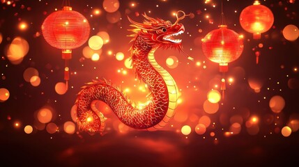 Fototapeta premium Vibrant Red Dragon Surrounded by Glowing Lanterns and Lights