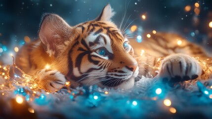 Wooden Tiger with Blue LED Lights for New Year's Celebration. Generative AI