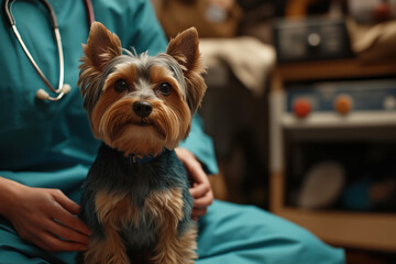 Veterinarian holding a yorkshire terrier in veterinary clinic