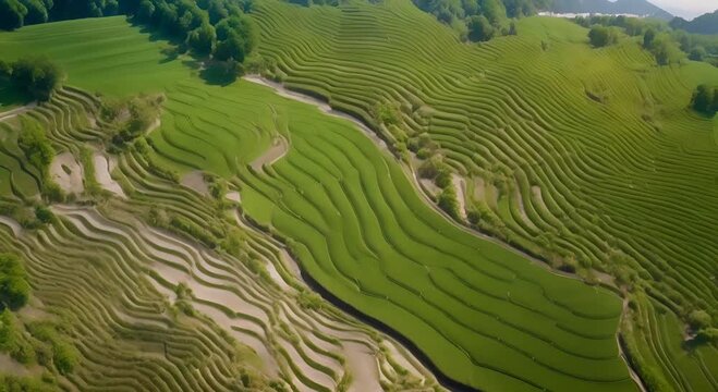 The drone view of rice fields showcasing their stunning patterns and natural beauty 4K