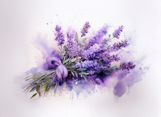 Obraz premium A watercolor painting of a lavender bouquet, tied with a ribbon, against a soft, light background of purple watercolor splashes.