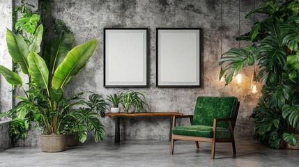 Modern Green Interior with Plants and Empty Frames on Wall