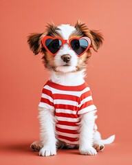 Cute dog wearing heart-shaped sunglasses and a striped shirt