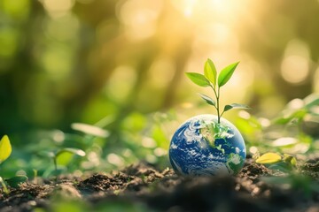 A small globe representing Earth rests on the forest floor, with a young seedling sprouting from it