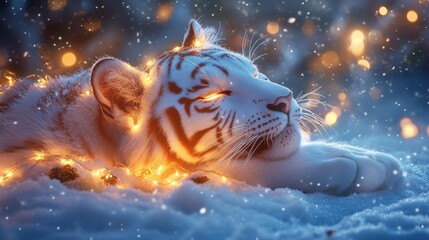 Icy Winter Celebration with a Tiger and LED Lights. Generative AI