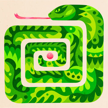 Green mythical snake. Bright ethnic illustration with fern pattern. Biblical serpent with an apple.