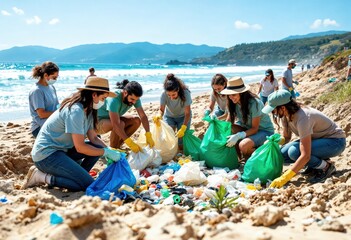 Volunteers collecting garbage on beach putting plastic in bags wearing masks