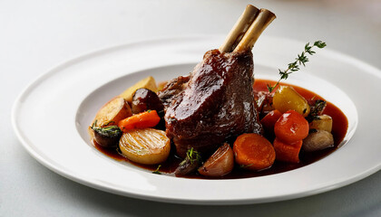 A slow-cooked lamb shank glazed with red wine reduction, served with roasted root vegetables and garnished with fresh thyme on a white plate. Perfect for winter menus, or upscale meat presentations