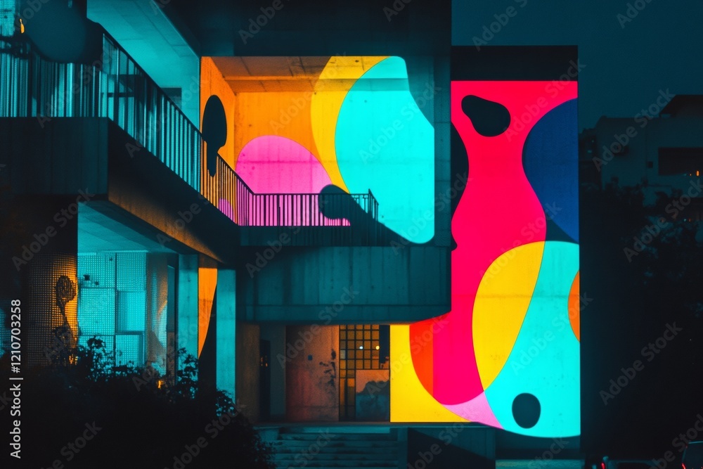 Poster an urban building transforms at night as vibrant shapes dance across its surfaces. this digital art 