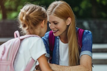 Fototapeta premium Mother comforts daughter on first school day with a pink backpack in a serene outdoor setting
