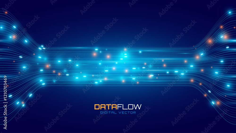Poster Abstract Blue Data Flowing Lines. Speed Lines Lights Graphics. Futuristic Linear Backdrop Design. Technology, Big Data, Science Theme Template.