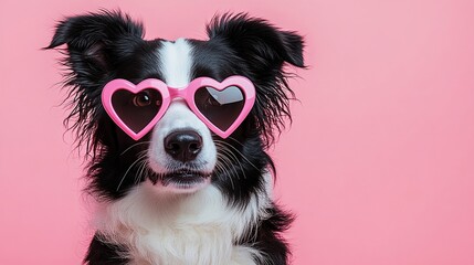 Obraz premium Cute Border Collie dog with pink heart-shaped Valentine's Day glasses in front of a pink background.